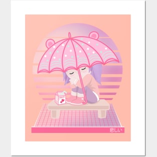 90s Japanese Kawaii Sad Girl Pink Japanese Strawberry Milk Posters and Art